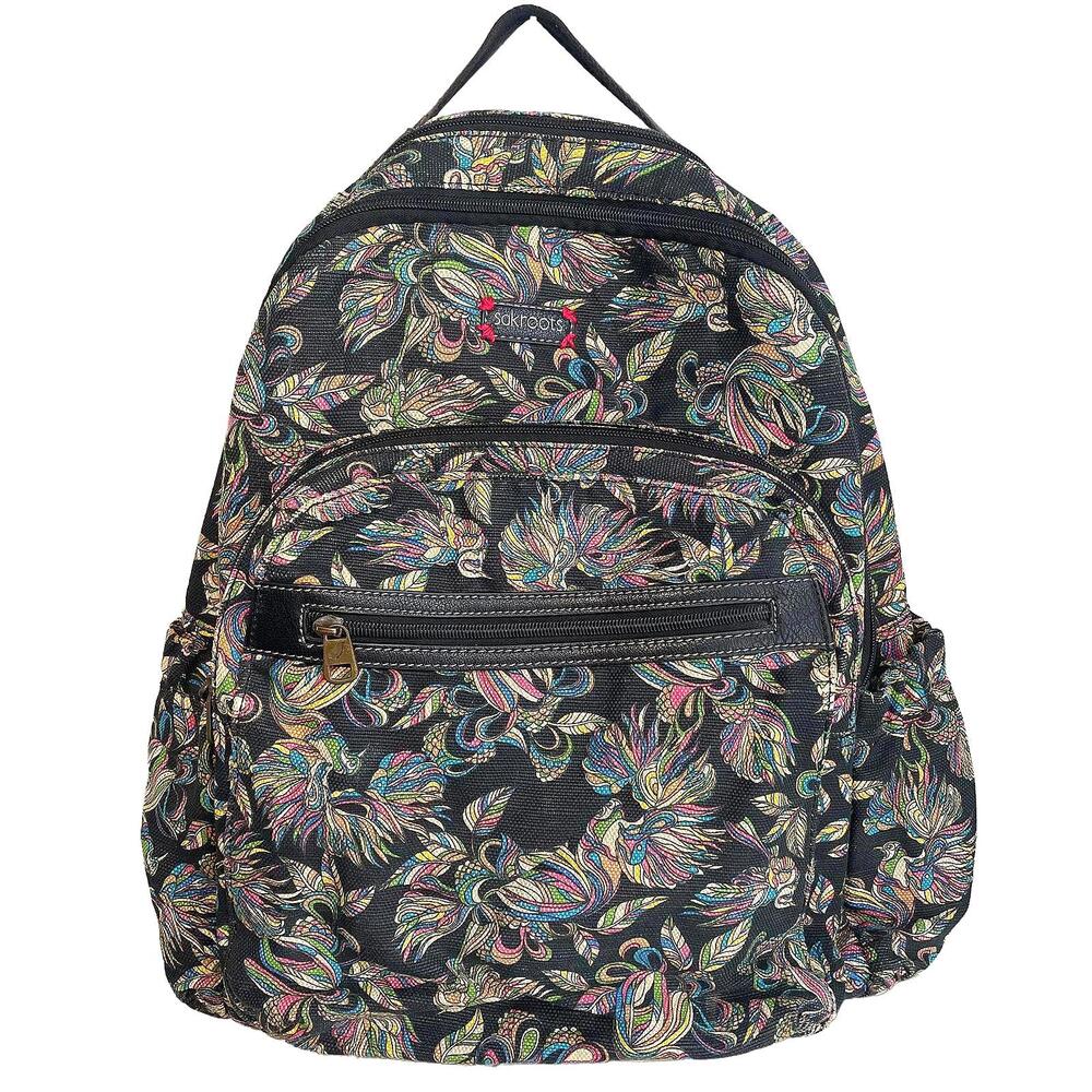Sakroots Black & Rainbow Floral Birds Canvas Laptop Backpack